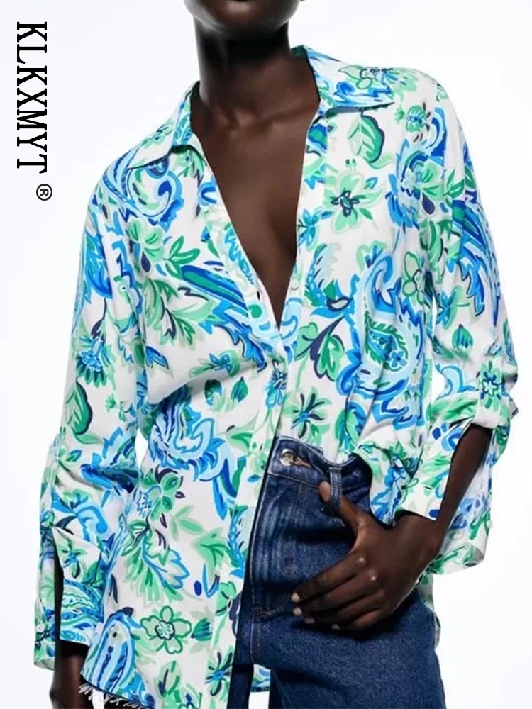 

KLKXMYT TRAF 2022 женская рубашка с принтом Топ с длинным рукавом Женская винтажная рубашка на пуговицах Женская Повседневная модная Элегантная бл...