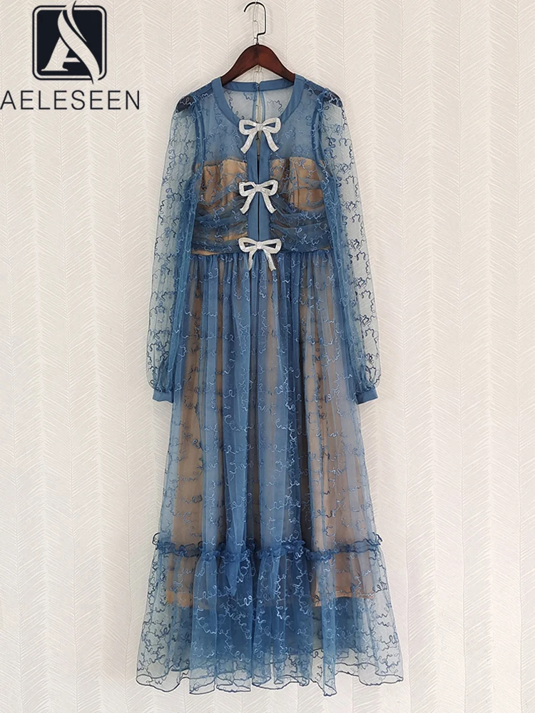

Женское длинное платье AELESEEN, весенне-осеннее платье с бантом и цветочной вышивкой, Сетчатое платье с оборками, элегантное бальное платье