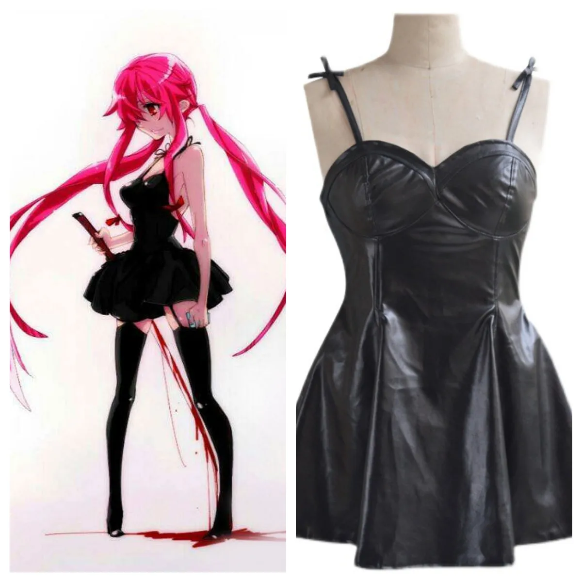 

Mirai Nikki Gasai Yuno Anime Cosplay Costume Sexy Black Pu Leather Skirt Dress Halloween Straight Long Wig Orgy Party Costumes