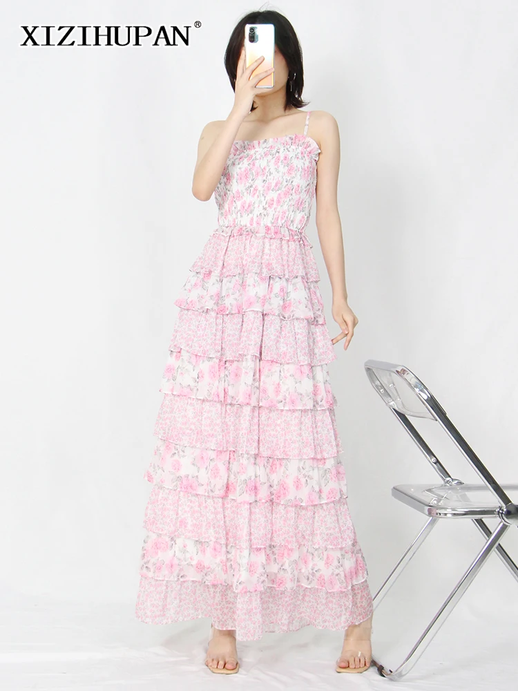 

XIZIHUPAN Elegant Print Floral Sling Dress For Women Square Collar Sleeveless High Waist ColorBlock A Line Midi Dresses Female