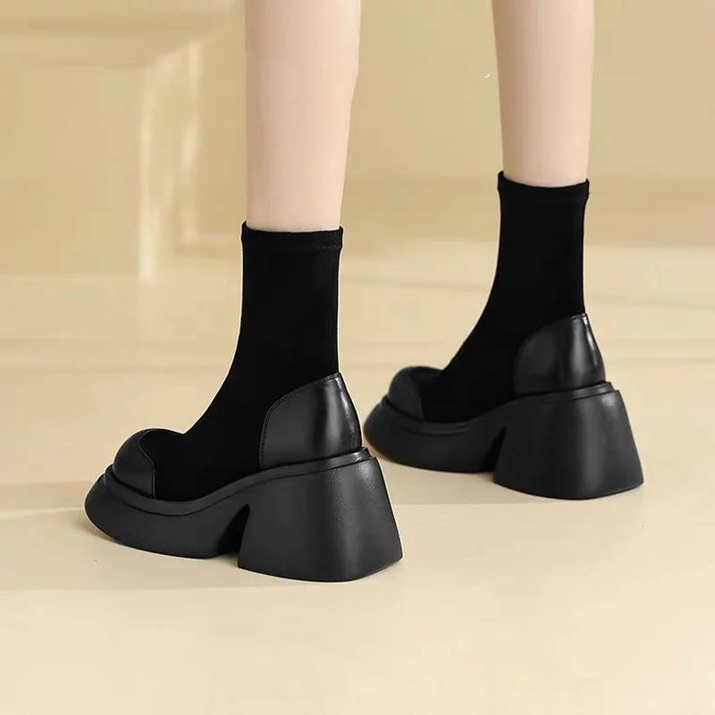 Autumn Spring Women Shoes Woman Platform Boots Fashion Round Toe Ankle Boots 2023 Winter Elastic Black Spuare Comfortable Botas
