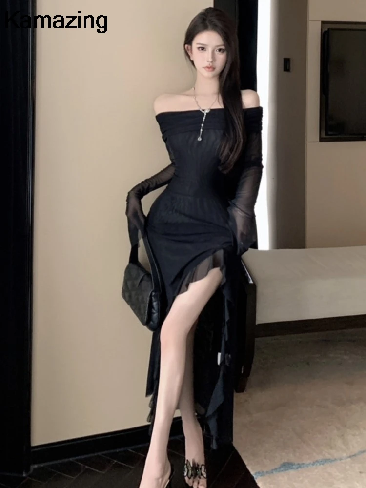 Шикарное черное платье миди с разрезом и оборками женское сексуальное вечернее