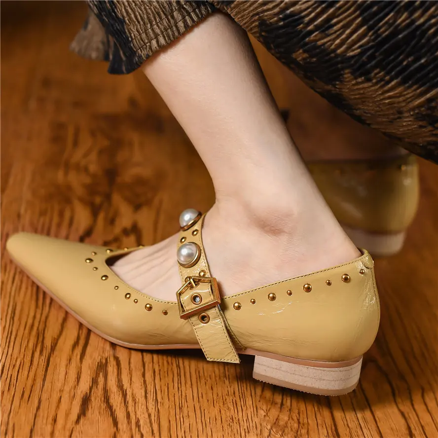 Elegant Soft Loafer Women's Genuine Leather Ballet Flats Rivets Buckle Pearls Oxfords Casual Shallow Ankle Boots Casual Punk