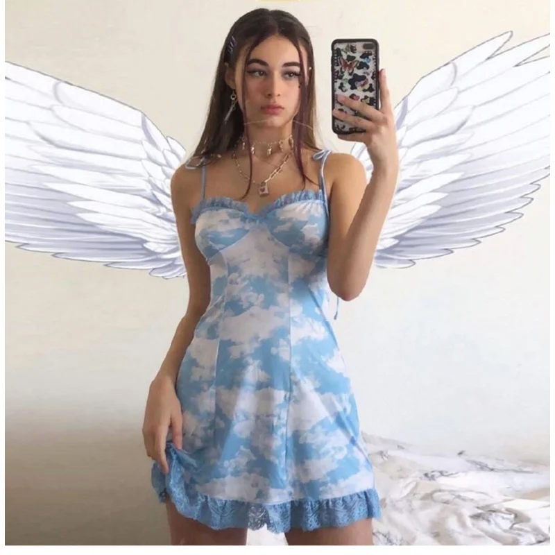 

European And American-StyleinsSexy Lace Edge Sky Clouds Court Super Fairy Dress Fairy VCollar Slim-Fit Suspender Skirt