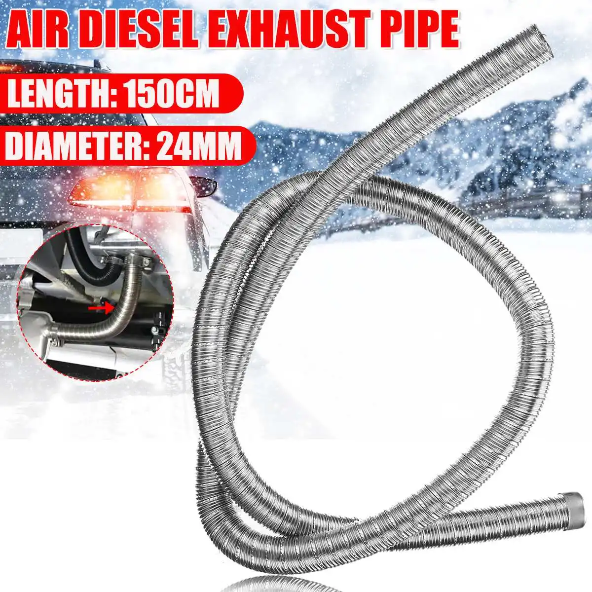 

150cm 24mm Dual-layer Car Air Diesel Heater Ducting Exhaust Pipe w/End Cap Stainless Steel For Webasto Eberspacher