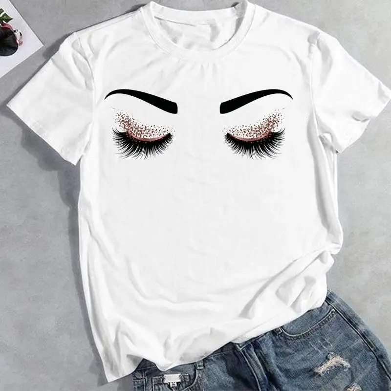 

Женская одежда с коротким рукавом, модная летняя женская футболка с принтом акварельных ресниц и накладных ресниц, женские топы, футболка с ...