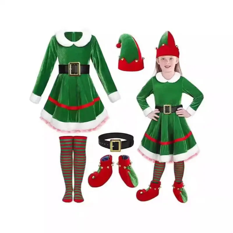 2025 Рождественский костюм Санта-Клауса для женщин/мужчин зеленое платье эльфа