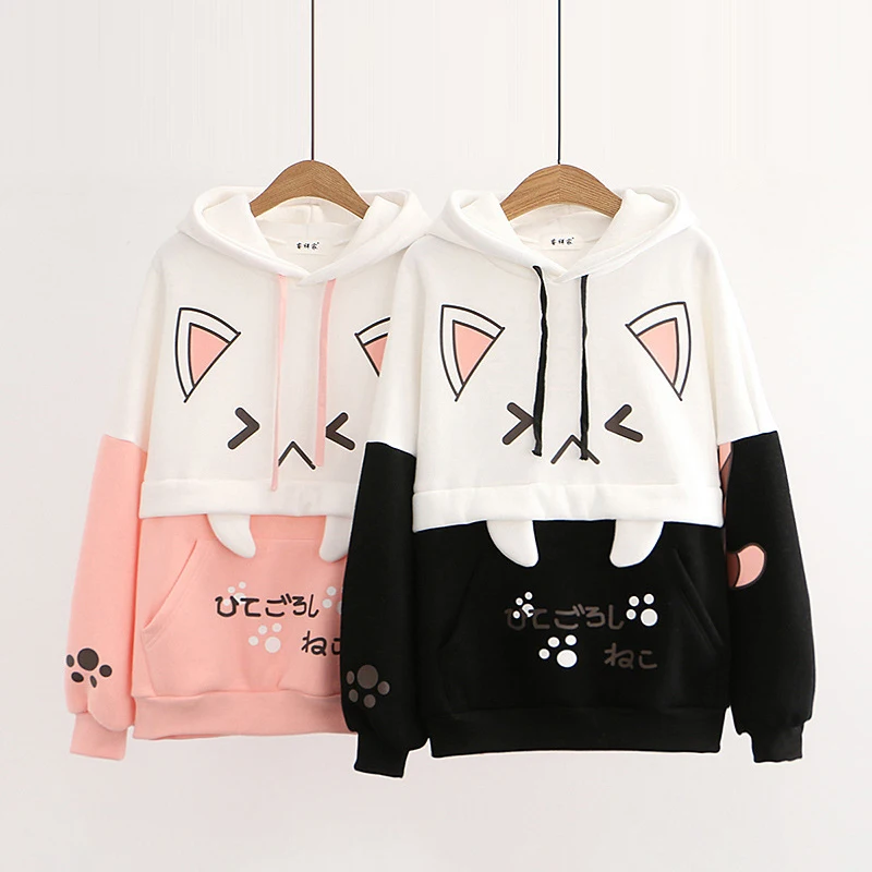 

Harajuku Kawaii Women Cute Hoodie Black Pink Long Sleeve Print Cartoon Cat Anime Girls Pullover Female Japanese Sweet Sweatshirt