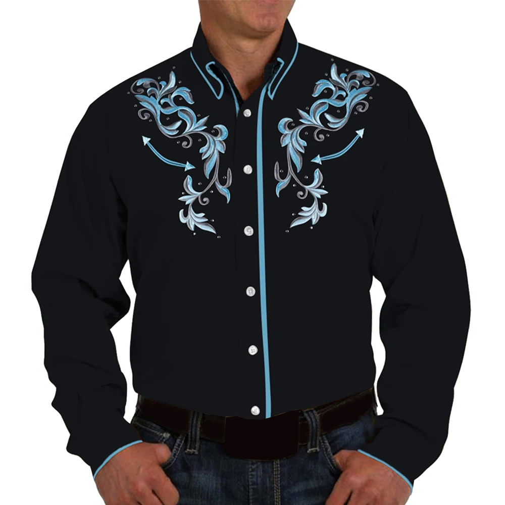 Fashion Men Western Printed Long Sleeve Shirts Spring Casual Loose Slim Button Down Dress Shirt Vintage Mens Tops