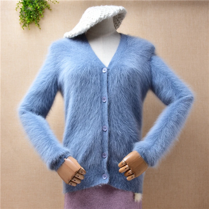 

ladies women fashion autumn winter clothing hairy mink cashmere knitted v-neck slim cardigan angora fur jacket coat sweater pull