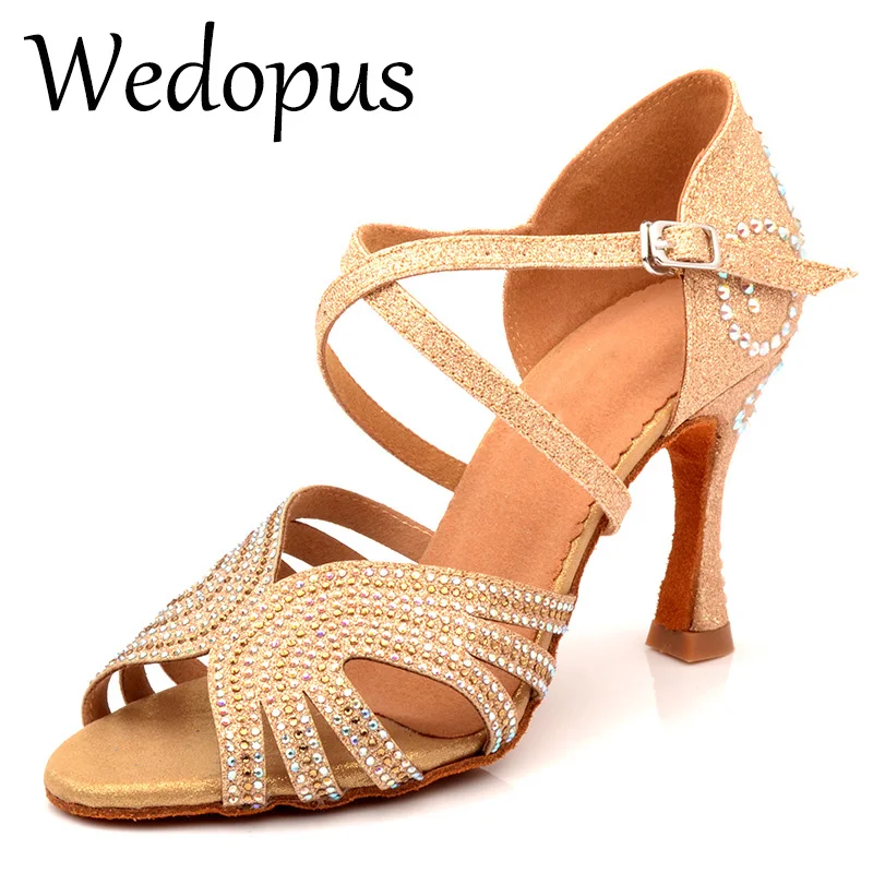 

Wedopus Glitter Latin Dance Shoes Women Salsa Shining Rhinestone Ballroom Dancing Ladies Tango Dance Sandals Glod Dance Shoes