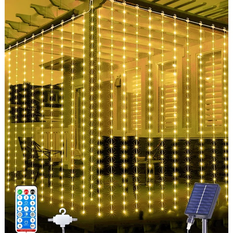 

LED Solar Lamp Outdoor Waterproof Curtain Lights Garland Copper Wire Fairy Lights Wedding Party Garden Yard Christmas Decoration