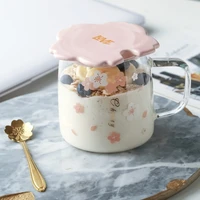 cherry glass cup with cover spoon cherry blossom pattern transparent creative fresh cute girl heart portable sports outdoor cup
