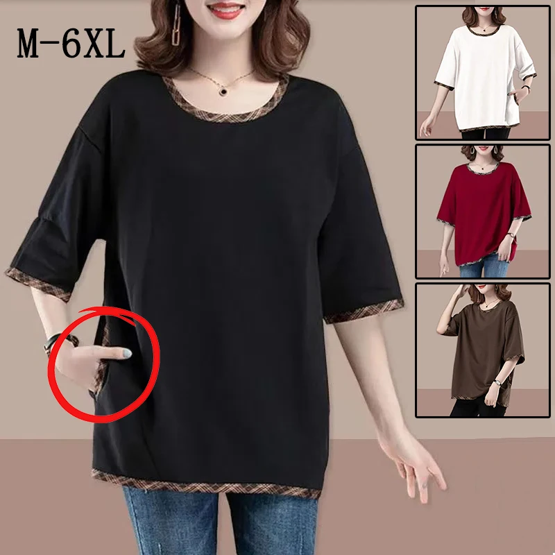 

Summer Vintage Patchwork Solid Pockets Women's T-shirt Half Sleeve Fashion Casual Tops All-match Loose Plus Size T Shirt 6XL