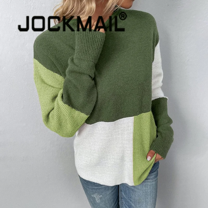 

Knit Sweater New Autumn Winter Color Blocking Loose Sweaters Women Interior Lapping Classic Long Sleeve O-collar Keep Warm Top