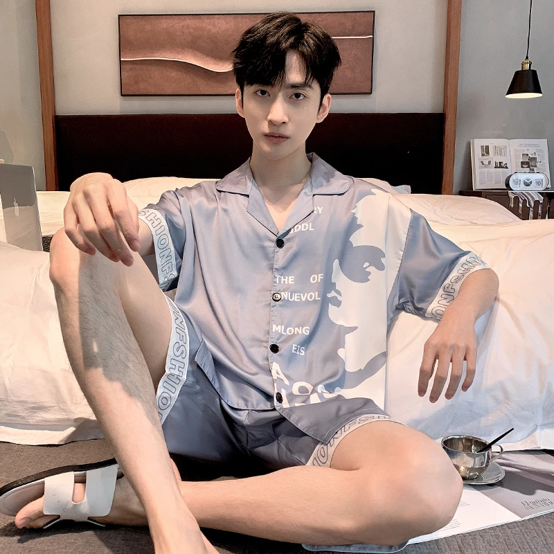 

Summer Pajamas Sets Adult Pajama Men Home Clothes Silk Thin Pijama Suit Korean Loose Pyjama V-Neck Button Sleepwear