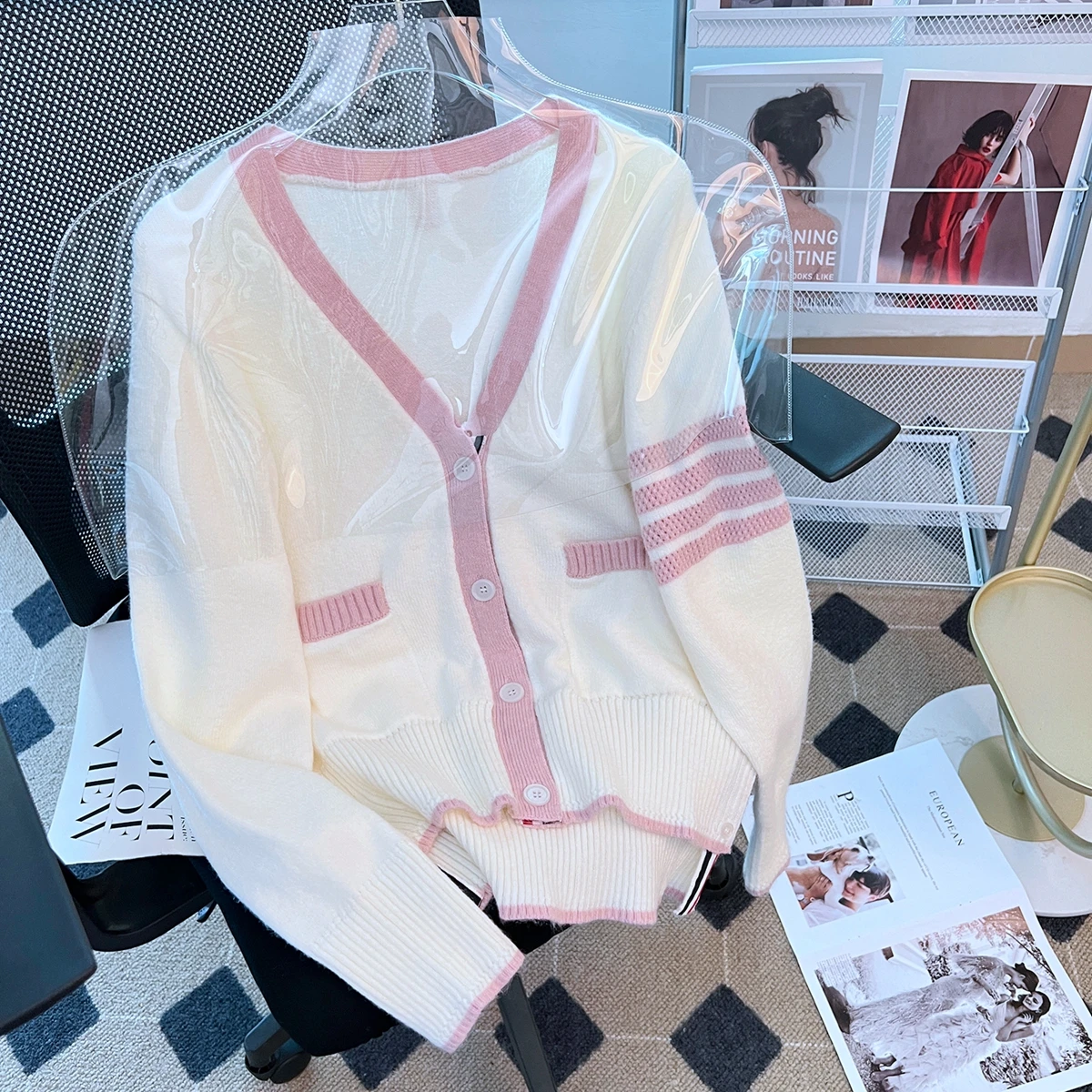 

British College Style TB Knitted Cardigan Fall/Winter 2022 New Front Short Back Long Four Bar V-Neck Sweater Jacket Women