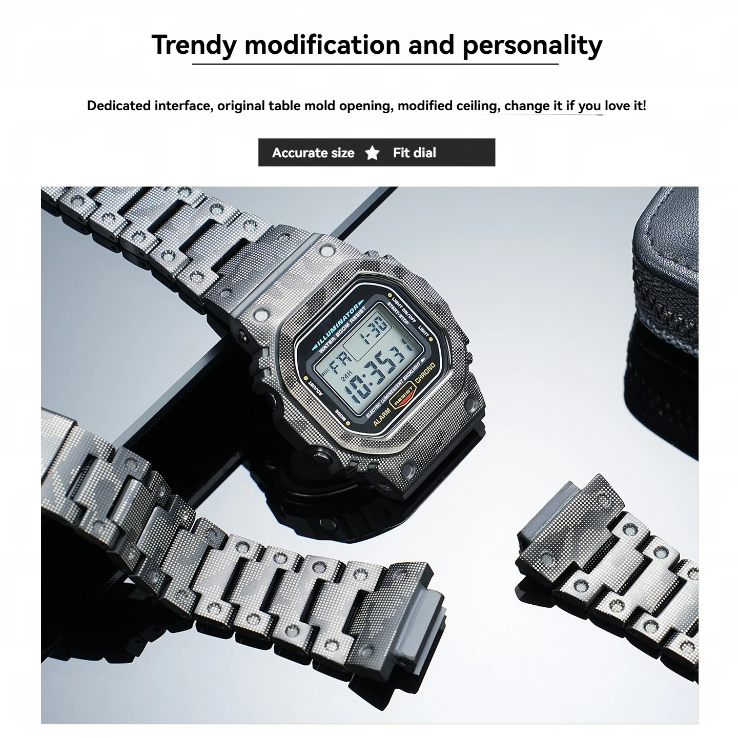 Фото Комплект для модификации часов Casio G-SHOCK DW-5600 GW-M5610: камуфляжный металлический корпус и ремешок, титановый стальной безель, набор для мужчин. №4