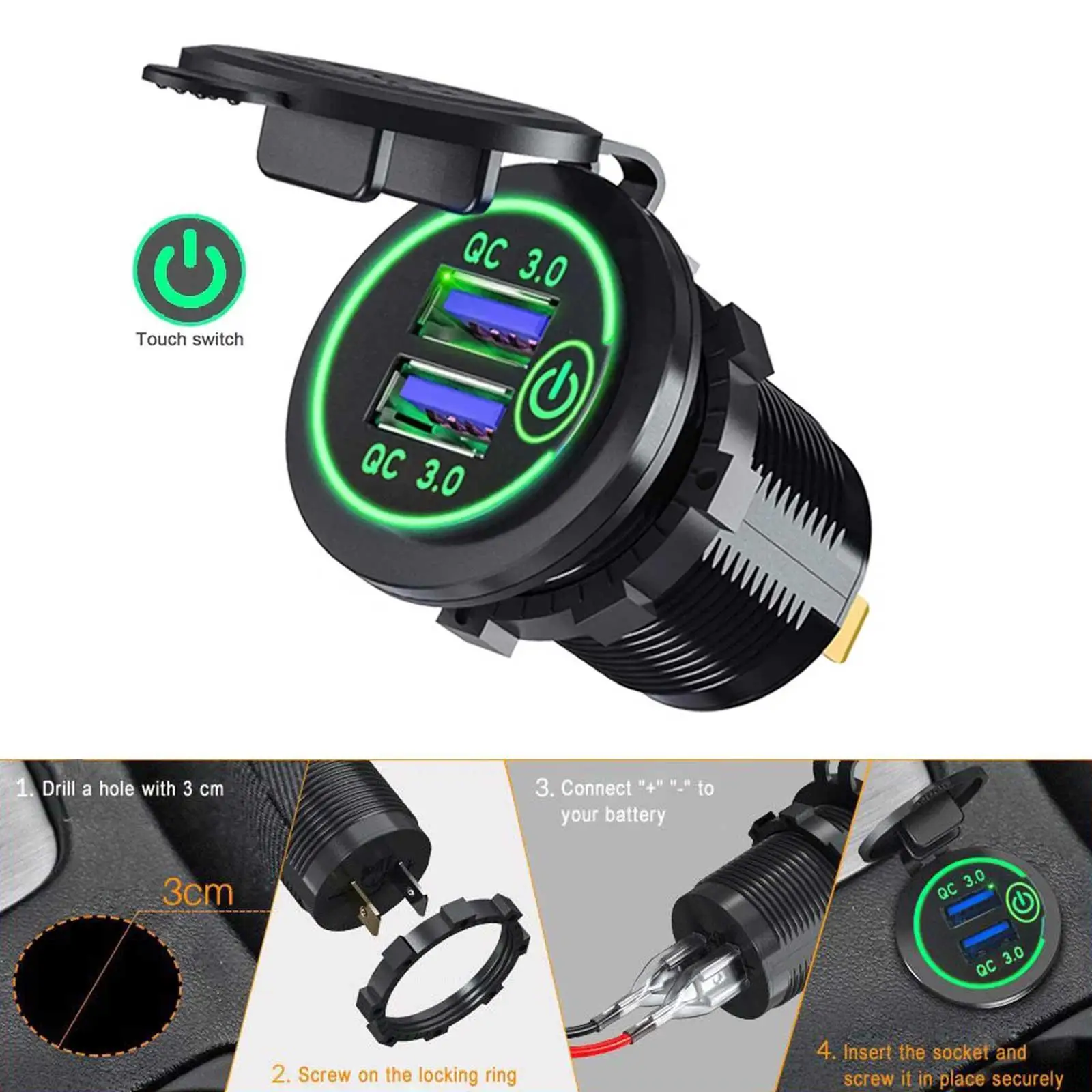 

1PCS New Multifunctional 12-24V Dual USB Car Charger Touch Switch QC3 Waterproof Universal Motorcycle Car Truck Ship