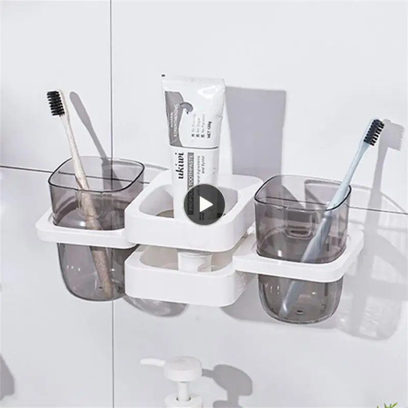 

Wall-mounted Toothbrush Toothpaste Box Bathroom Mouthwash Cup No Mark Adhesive Non-perforated Toothbrush Holder Foldable