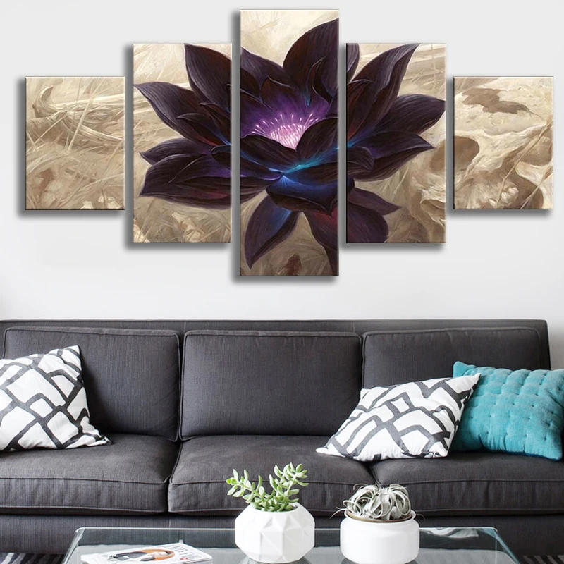 

Black Lotus Abstract Flower 5 Pcs Canvas Wall Art Painting Poster Home Decor 5 Panel HD Print Pictures No Framed 5 Piece