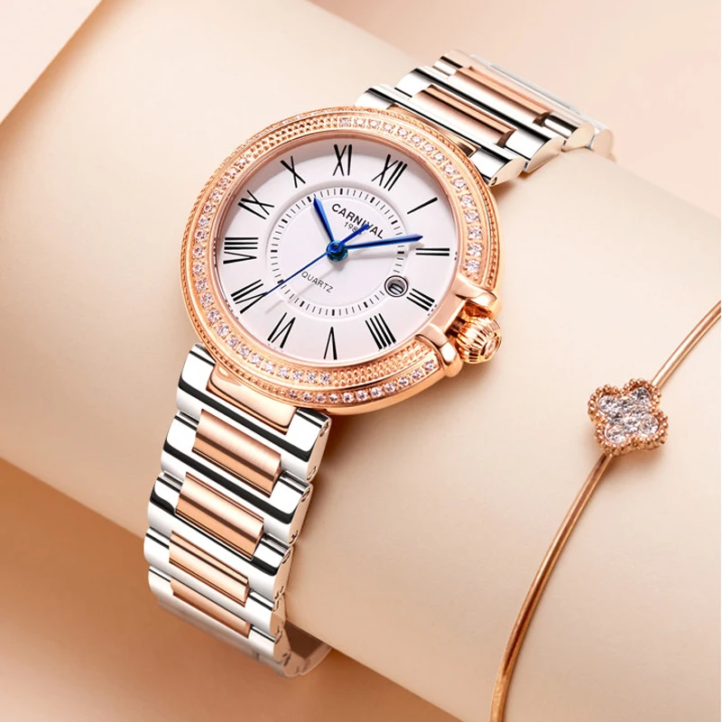 CARNIVAL Fashion Quartz Wrist Watch Ladies Luxury Rose Gold Silver Girls Diamond Wristwatch Waterproof for Women Montre Femme