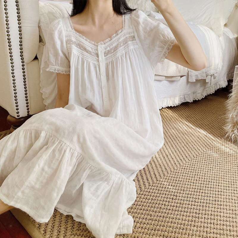 

Romantic Vintage Nightgowns Homewear Princess Sleepwear Women Pure Cotton Peignoir White Short Sleeve Victorian Long Night Dress