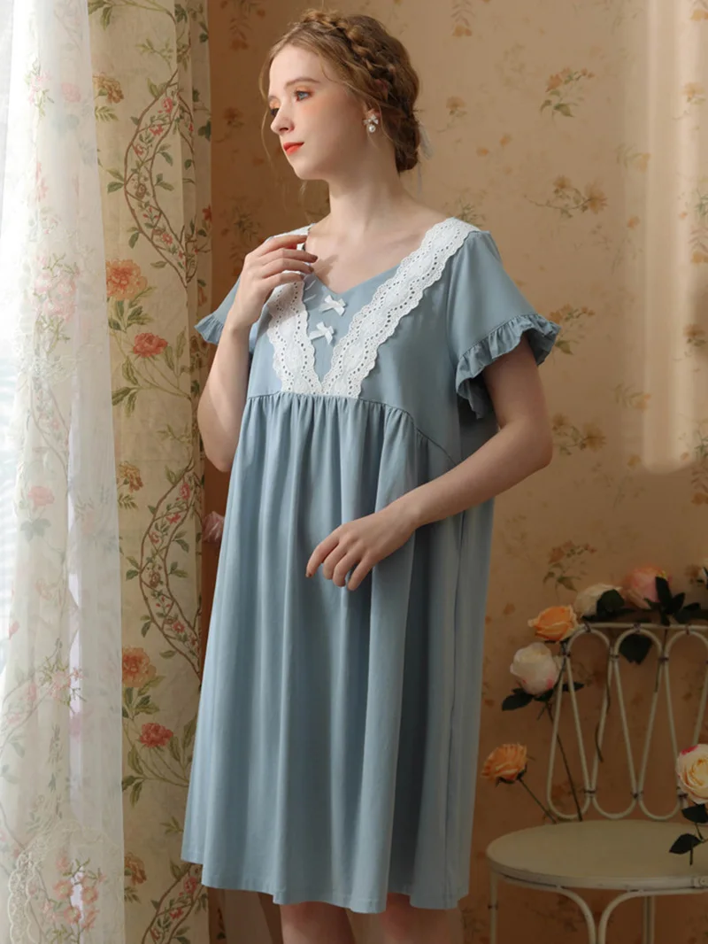 Women Spring Summer Ruffles Sleepwear Sexy Lace Crop Sleeveless Nightdress Cotton Fairy Princess Pajamas Victorian Nightgowns