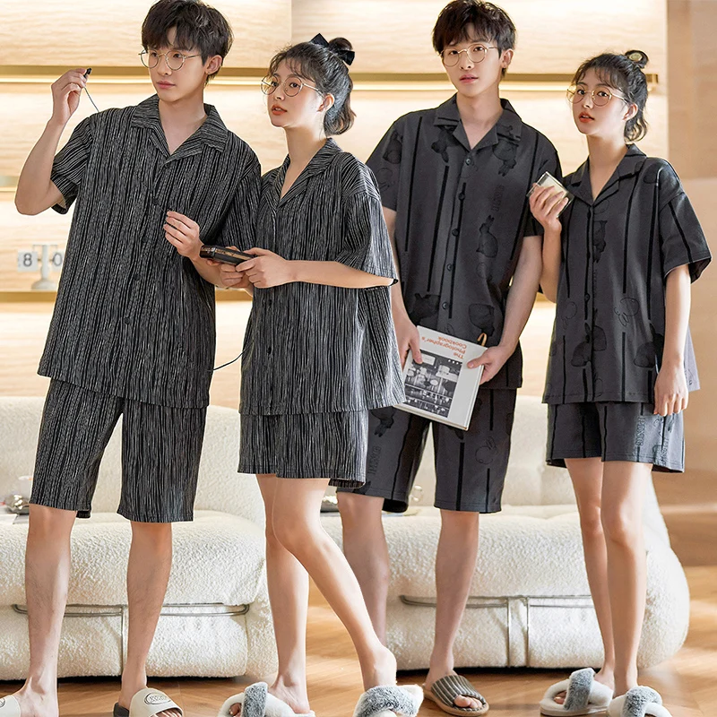 2022 Summer Couple Short Sleeve Cotton Pajama Sets for Men Korean Print Loose Sleepwear Suit Pyjamas Women Homewear Home Clothes