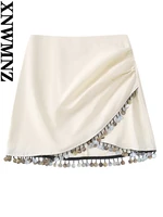 xnwmnz 2022 summer woman fashion beaded linen blend mini skirt women vintage high waist crossover side gathered skirts
