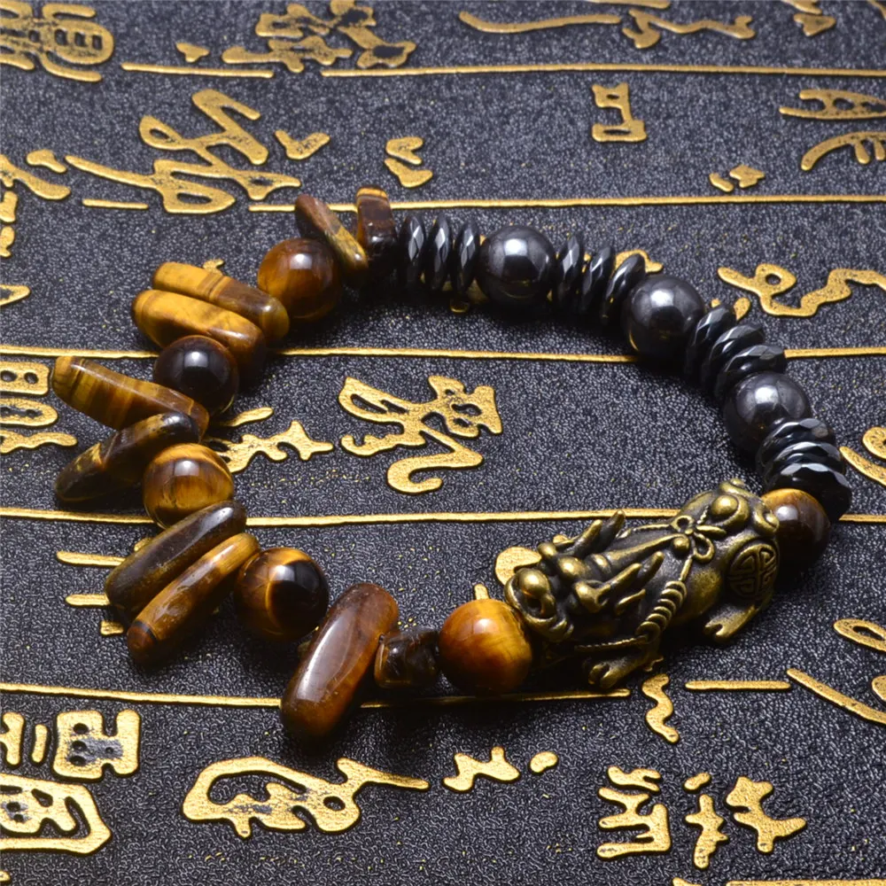 

Feng Shui PiXiu Hematite Natural Genuine Tiger Eye Gravel Bracelet for Man Handmade Wealth and Good Luck Bracelets