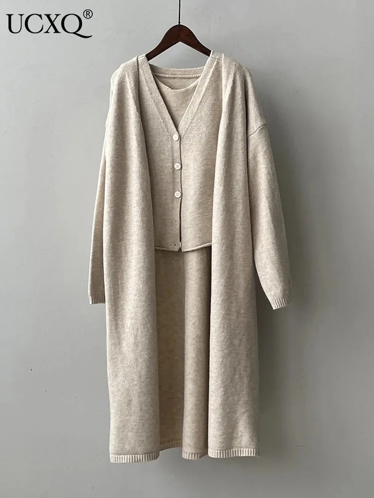 

Однобортный свитер UCXQ, жилет + длинный рукав, свободный кофейный кардиган, пальто, женская мода, Осень-зима 2023, новая одежда 23A5391