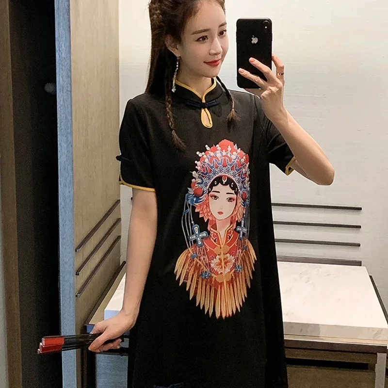 Черное Восточное короткое платье чонсам китайское халат Ципао винтажная Женская