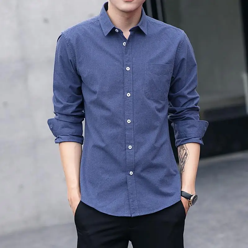 Men Dress Shirt Oxford Shirt Autumn Simple Long Sleeved Plain Shirt Men's Business Slim Casual White Shirts for Men Clothing
