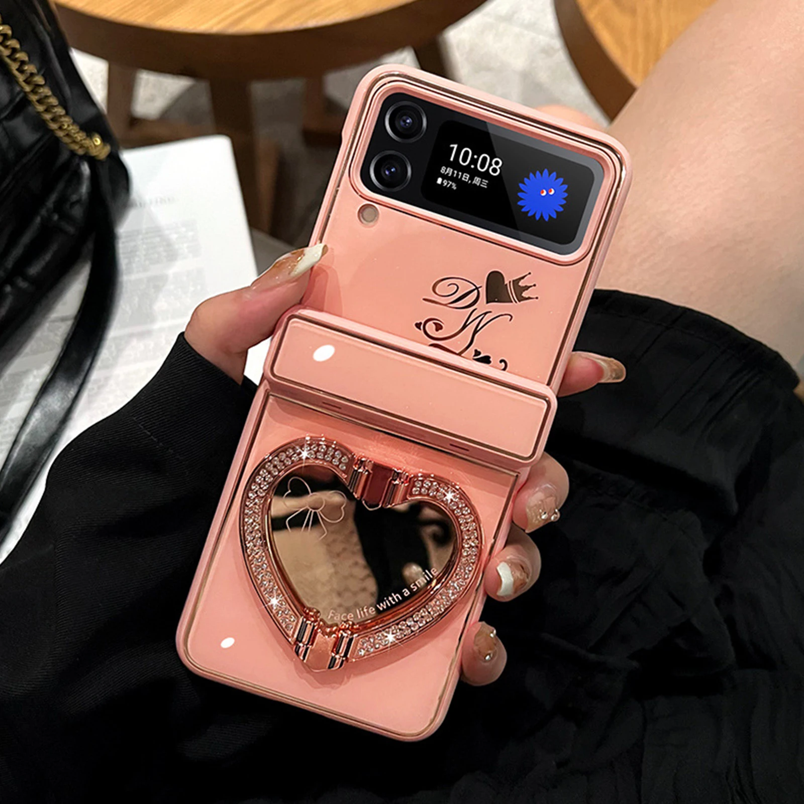 2022 for Samsung Galaxy Z Flip 3 4 5G Cute Love Heart Mirror Case with Holder Kickstand Hard Back Phone Cover for Z Flip 3 Flip4