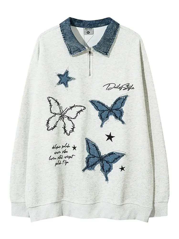 Американский джинсовый свитшот с нашивкой-бабочкой и вышивкой на полумолнии