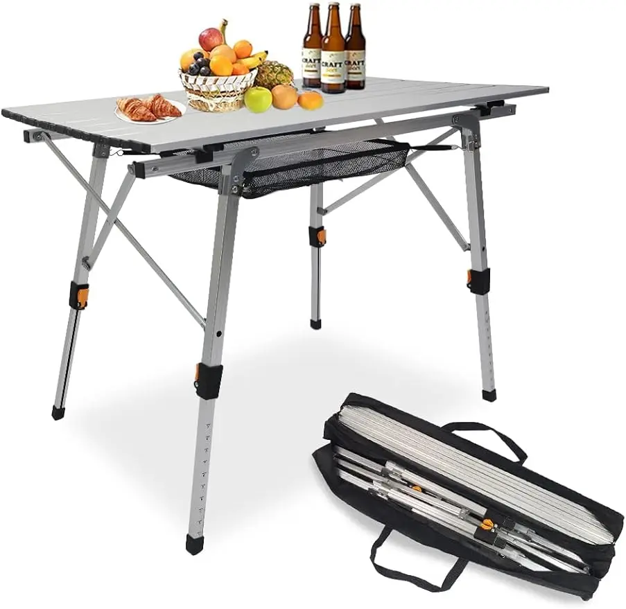 

Camping Table Portable Aluminum Lightweight Adjustable Height with Mesh Holder Outdoor