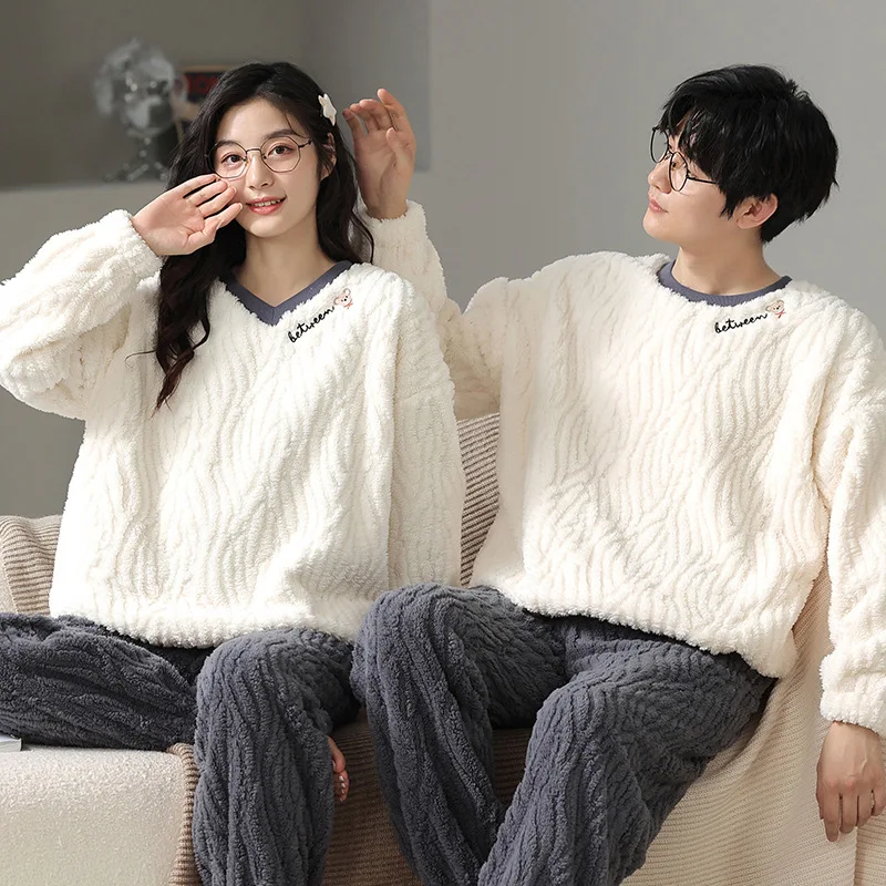 Yasuk Winter Fashion Women's Men Casual Warm Soft Stripe Pullover Sleepwear Pajamas With Pants Velvet Fleecel Couple Unisex Bear