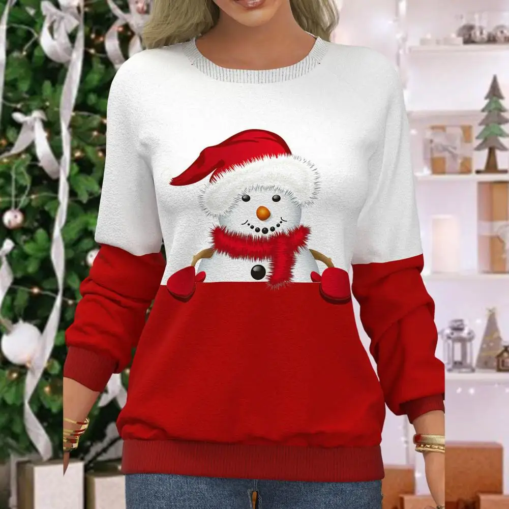 

Women Christmas Top Round Neck Christmas Print Pullover Colorful Xmas Sweatshirt Warm Elastic Cuff Snowman Lady Xmas T-shirt