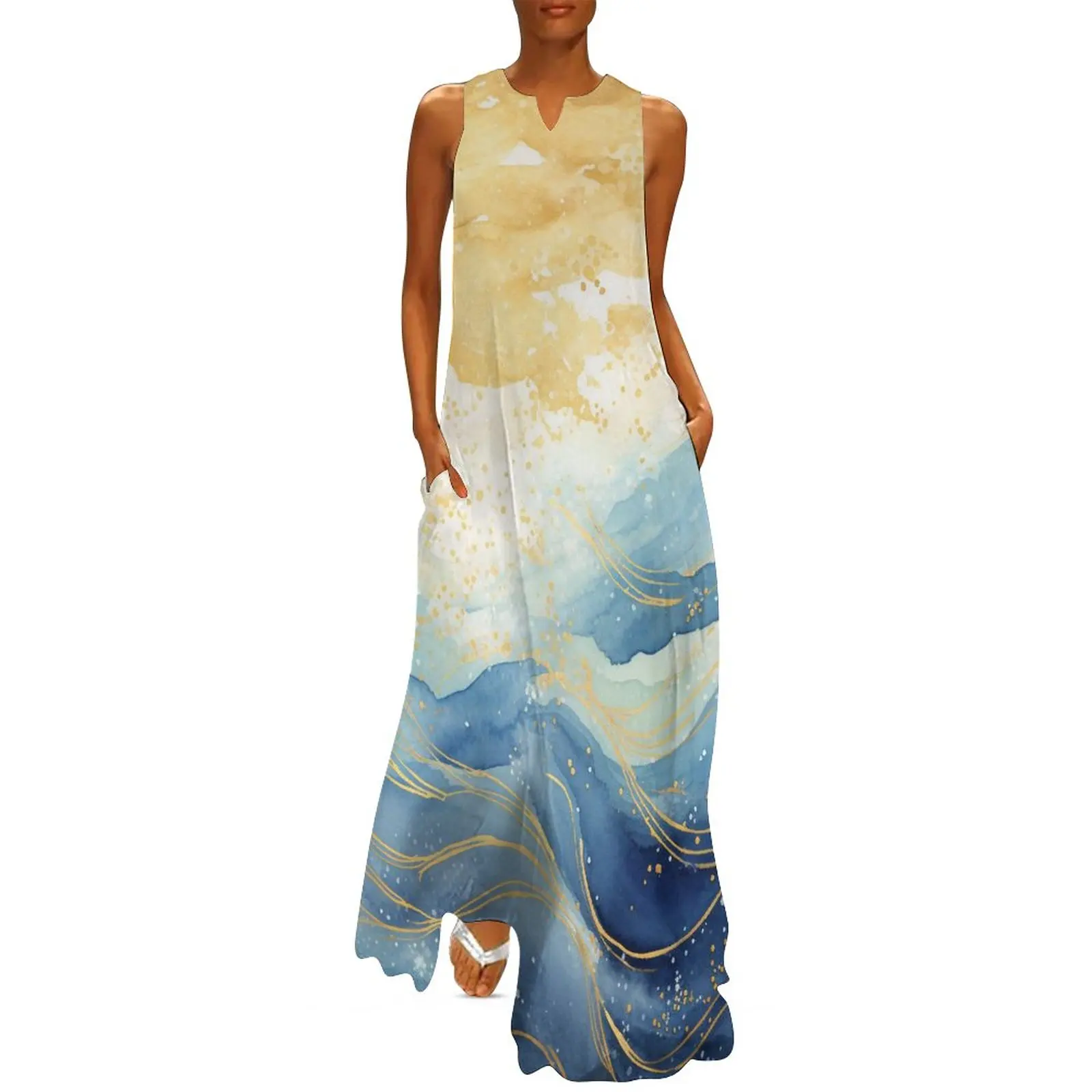 

Fashion Women's Long Dress Summer Watercolor Texture Golden Glitter Sea WavesPrint Women's DressElegantY2k Clothes
