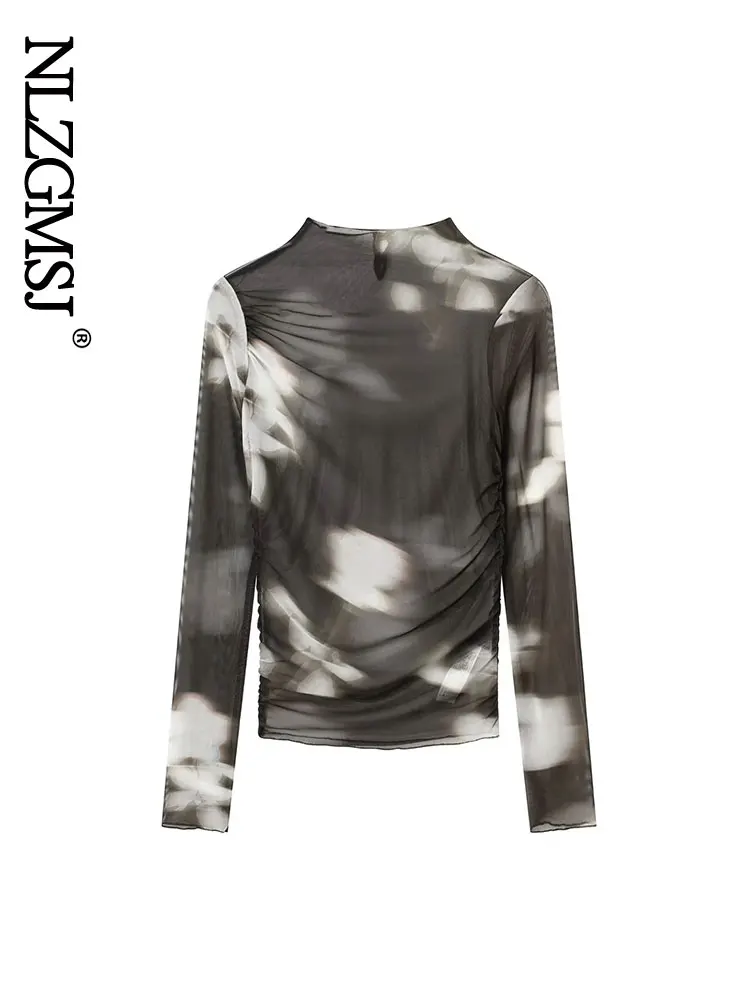 

Женская блузка с принтом, круглым вырезом и длинным рукавом