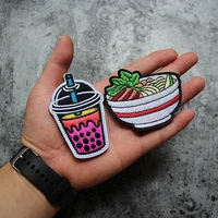 milk tea and noodles embroidered patches colored straws cup bowl bag stickers outdoor badges for clothes backpack accessories