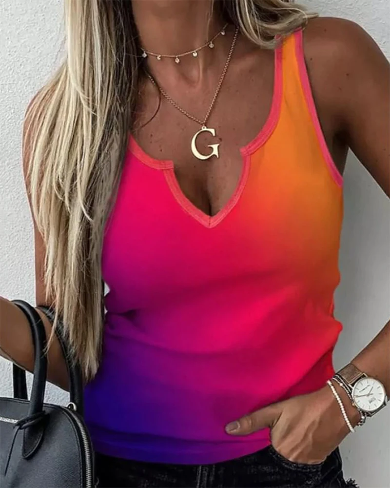 

Spring Summer Women Clothes Ombre Colorblock V-Cut Sexy Tank Top Fashion Outdoor Streewear Sprots T-Shirts Casual Ladies Tops