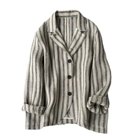 casual striped tailored coat blazer women office top suit for women vintage linen loose thin summer 2022 flax single breasted