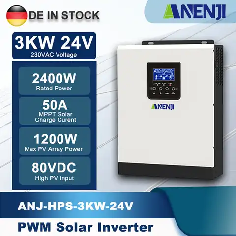 ANENJI 3 кВт солнечный инвертор Гибридный автономный инвертор 24 В 220 В немодулированный синусоидальный солнечный инвертор 50 А PWM контроллер сол...