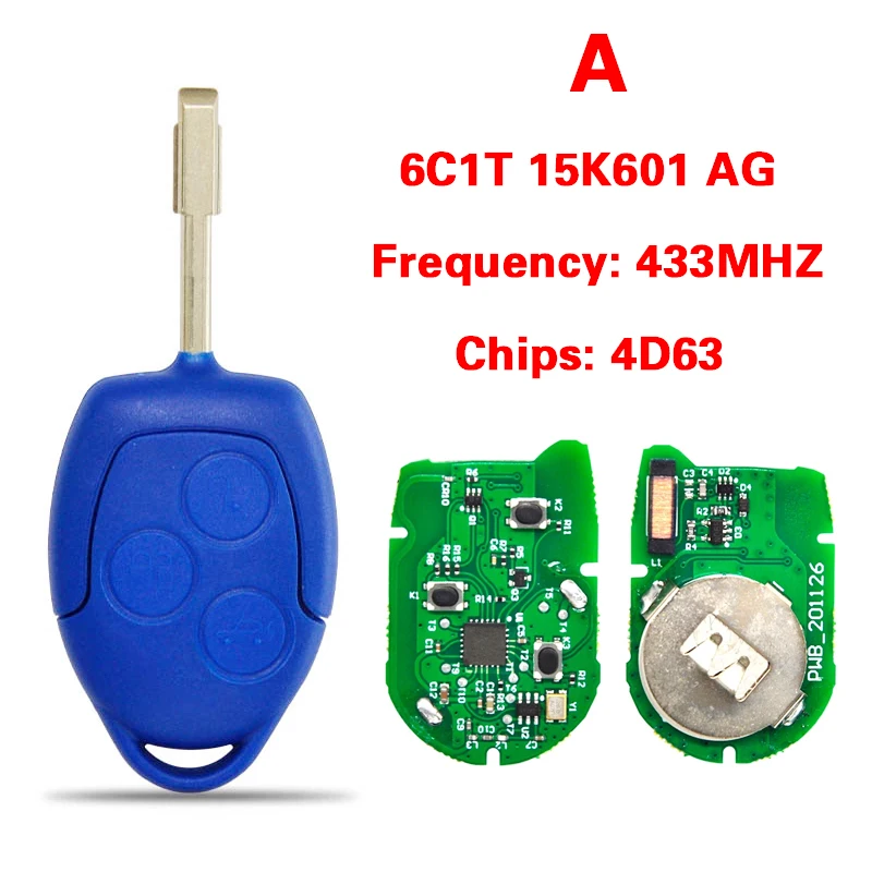 

3 кнопки Aftermarket Blue Key Fob CN018038 для Ford Transit Remote Key 434MHZ 4D63 Chip FCCID 6C1T-15K601-AG