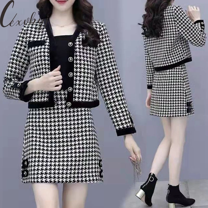 Women 'S Houndstooth Vintage Jacket Outfits 2023 Autumn Winter Single Breasted Cropped Coat+Mini Skirt Two Peice Suit Plus Size