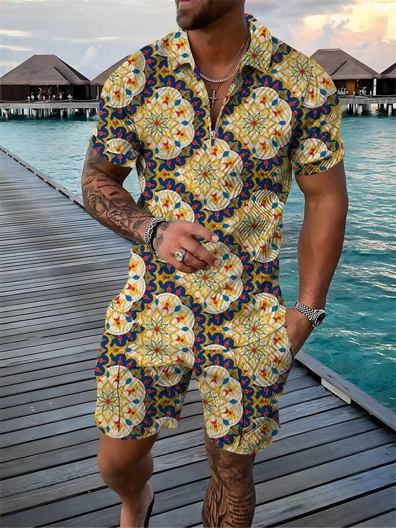 

Мужская Повседневная рубашка-поло на молнии с короткими рукавами и шорты