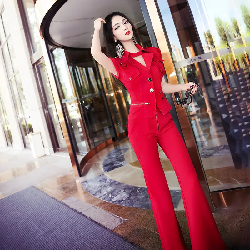 

Women 2022 Summer Slim Clothing Sets Suit Female Sleeveless Tops & Long Flare Pants 2 Piece Fashion Suits for Office Lady P58