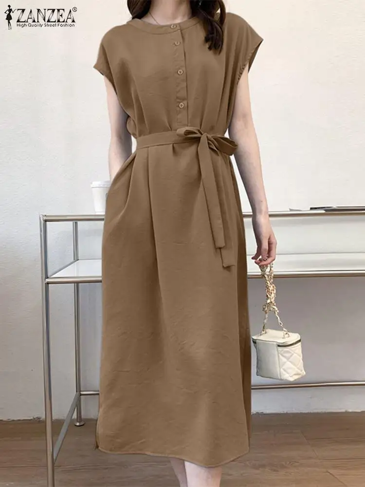 

Женское винтажное платье с поясом ZANZEA, Элегантное повседневное однотонное платье до середины икры с коротким рукавом и круглым вырезом для ...